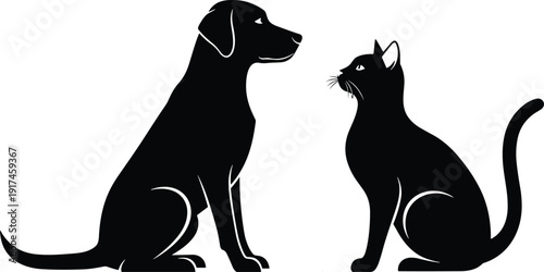 Black vector silhouette of a domestic dog and cat sitting and looking at each other for pet care veterinary services animal friendship and home life