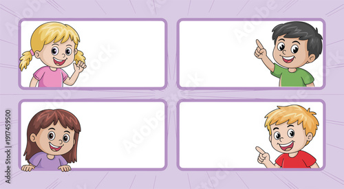 Cartoon children, educational template, blank boxes, interactive design, learning activity, smiling kids, colorful background, vector illustration, classroom clipart, teaching aid