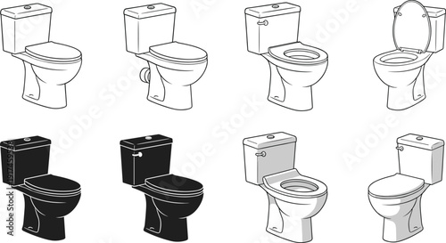 Set of toilet vector illustrations in different styles and angles isolated on white background, bathroom sanitation equipment collection