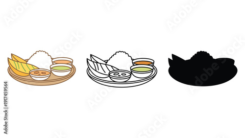 Three different representations of a meal on a plate, including a colored illustration, a line drawing, and a silhouette.