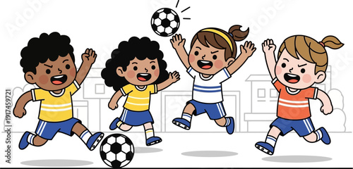 Children playing soccer with balls outdoors.