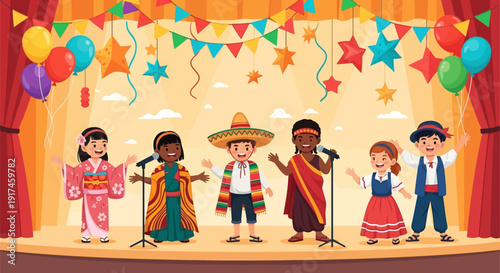 Children in traditional clothing performing on stage with microphones and colorful decorations.