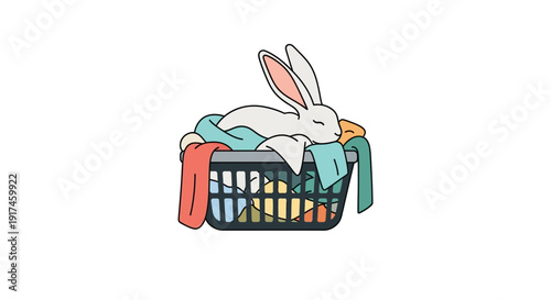 White Rabbit Relaxing in Laundry Basket.