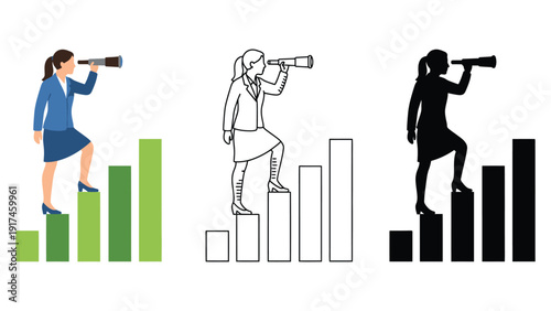A woman looks through a telescope while standing on a rising bar graph.