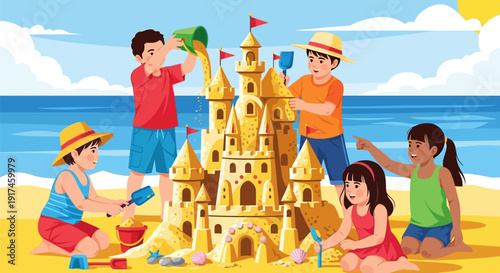Children building a sandcastle on beach.