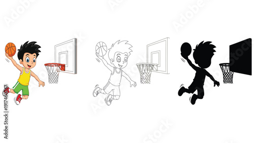 A cartoon boy is playing basketball and jumping to dunk the ball.