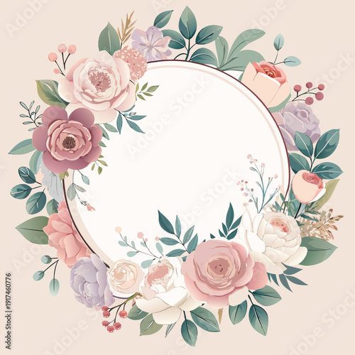 Soft Pastel Floral Frame Background with Elegant Roses and Leaves