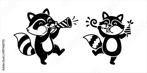 Cute Raccoons Celebrating with Party Horns and Hats