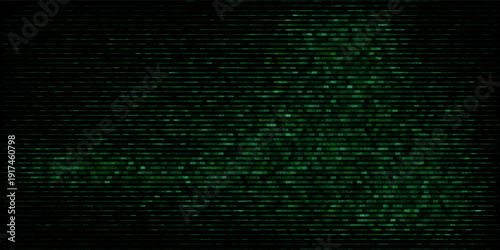 Abstract green glitch vector background with horizontal stripes and noisy texture on black. Modern digital effect for posters, web graphics, and creative design. Eps10