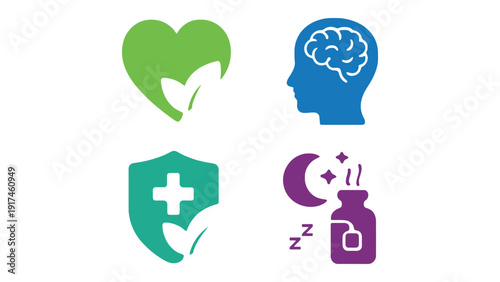 Health icon set with heart, brain, shield and sleep symbols