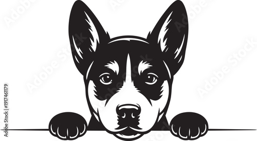 Cute Animal Head and Front Paws Peeking Over Line Silhouette | Black and White Vector Illustration