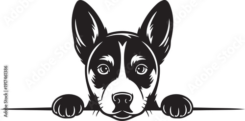 Cute Animal Head and Front Paws Peeking Over Line Silhouette | Black and White Vector Illustration