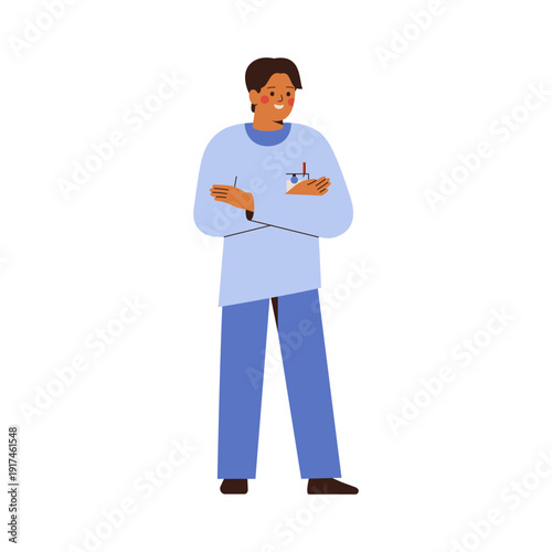 asian male doctor in medical blue uniform stands isolated on white background. Confident man medicine worker crossed his arms at the chest. vector flat illustration.