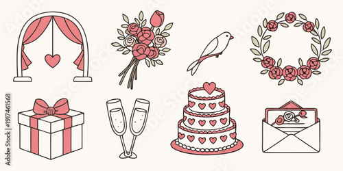 A collection of wedding-themed illustrations featuring various symbols and items