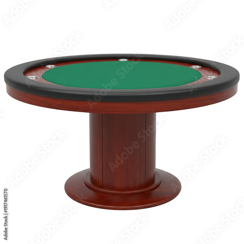 A poker table with a green felt top and wooden base on transparent background