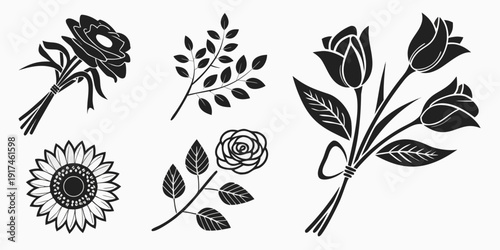A collection of intricate black and white botanical illustrations featuring various leaves and flowers
