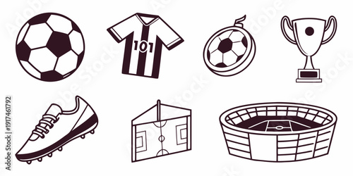 A collection of sports equipment and symbols representing various athletic activities.