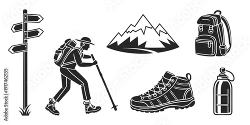 Hiking gear and symbols representing a journey through the mountains