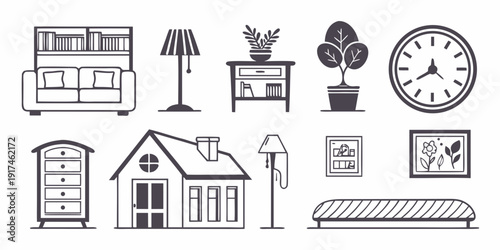 A variety of household items and furniture arranged in a simple, clean layout.