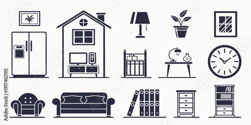 A collection of various home and furniture icons in a simple line art style