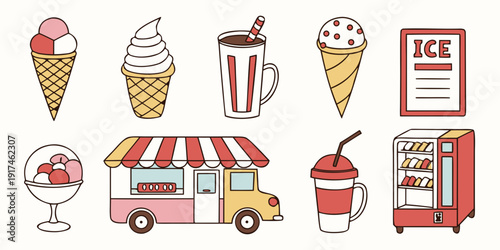 Assorted ice cream treats and food trucks in a playful illustration