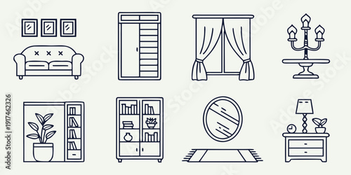 A variety of modern furniture items arranged in a minimalist style.