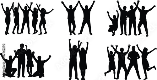 Celebration silhouette illustration set, joyful people artwork, party vector design, teamwork graphic pack, unity symbol collection, black and white sketch