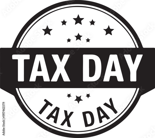 A vibrant orange badge with the text tax day written twice, surrounded by stars. isolated on white background