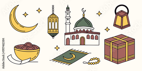 A vibrant collection of islamic symbols and cultural elements.