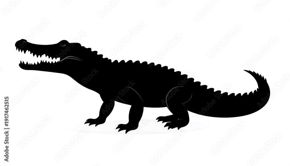 Obraz premium Silhouetted illustration of a crocodile with open jaws, in full profile, against a white background