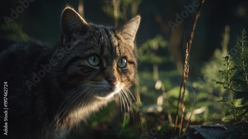 Wild cat with piercing green eyes in natural forest setting, a stealthy predator observed in dappled sunlight.