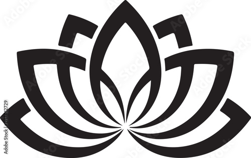 A black and white illustration of a lotus flower in full bloom isolated on white background