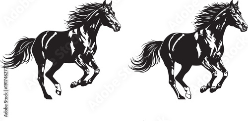 Powerful Black Silhouette of a Galloping Horse and Mane Trailing in the Wind, Vector Illustration