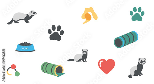 A collection of cute ferret icons and accessories, including food bowls, tunnels, paw prints, and toys, perfect for pet-related designs.