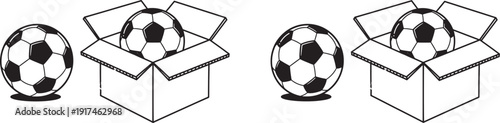 Soccer Balls Inside and Outside Open Cardboard Boxes - Sports Equipment Vector Illustration