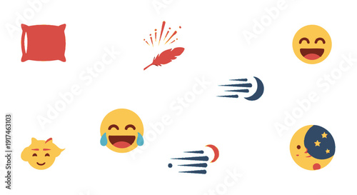A collection of emojis and icons representing sleep, night, and happiness, including a pillow, laughing faces, a feather, and crescent moons.