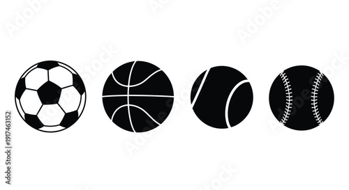 Four sport balls in a row black and white silhouette