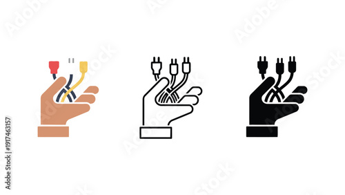 A hand holds a bundle of colorful audio-visual cables.