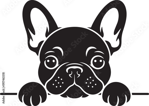 Adorable French Bulldog in pure black silhouette style, peeking over a horizontal bar with its front paws silhouette black vector