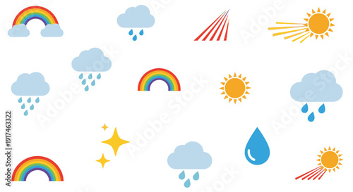 A collection of weather-related icons including rainbows, suns, clouds with rain, and raindrops.