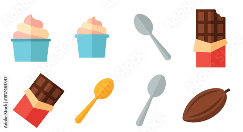 A collection of sweet treats and utensils, including two cups of soft-serve ice cream, two chocolate bars, three spoons, and a cocoa bean.