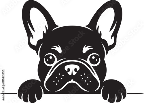 Adorable French Bulldog in pure black silhouette style, peeking over a horizontal bar with its front paws silhouette black vector