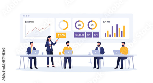 Business team meeting with data analysis and presentation in modern office setting.