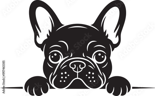 Adorable French Bulldog in pure black silhouette style, peeking over a horizontal bar with its front paws silhouette black vector