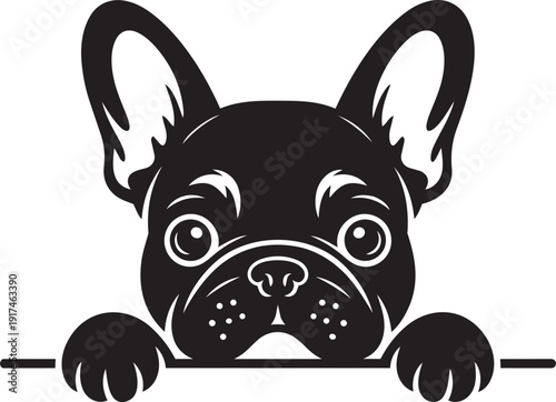 Adorable French Bulldog in pure black silhouette style, peeking over a horizontal bar with its front paws silhouette black vector