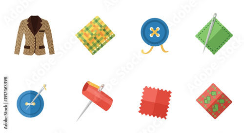 A collection of sewing and tailoring related icons, including a jacket, fabric swatches, buttons, and sewing tools.