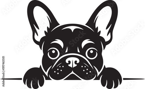 Adorable French Bulldog in pure black silhouette style, peeking over a horizontal bar with its front paws silhouette black vector