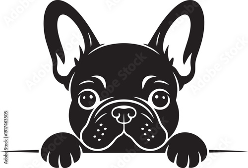 Adorable French Bulldog in pure black silhouette style, peeking over a horizontal bar with its front paws silhouette black vector