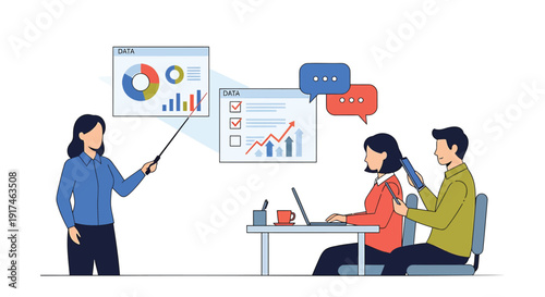 Business team collaboration with presentation and laptop, discussing graphs and charts in a meeting.