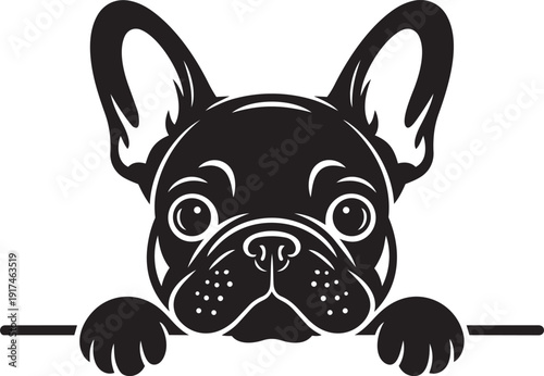 Adorable French Bulldog in pure black silhouette style, peeking over a horizontal bar with its front paws silhouette black vector